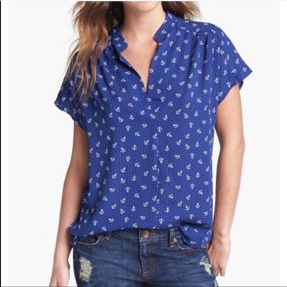 Pleione Tops - Pleione Blue Nautical Anchor Print Blouse Size Medium